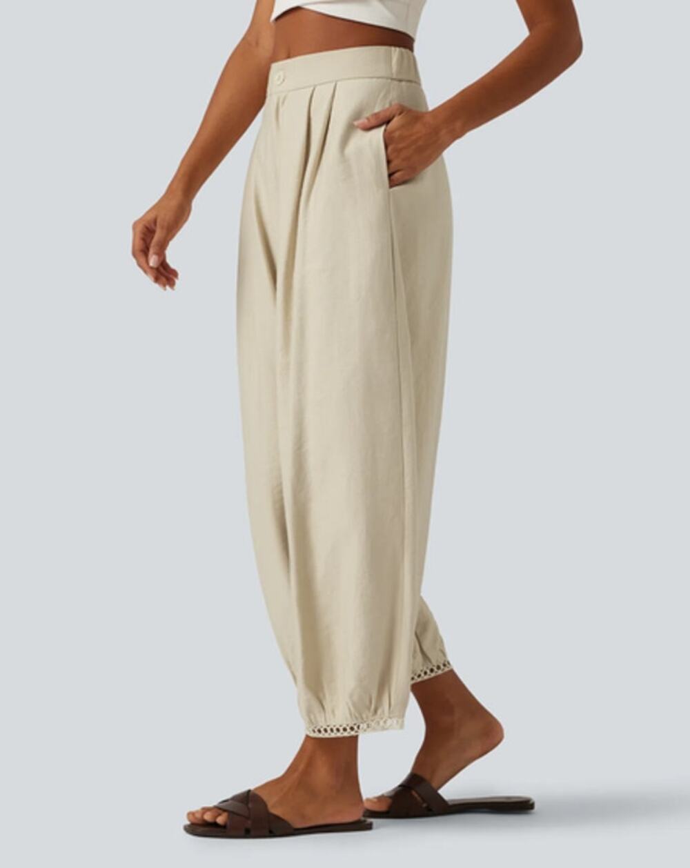 Halara Mid Rise Ladder Trim 7/8 Barrel Leg Trousers Pants Size L NWT